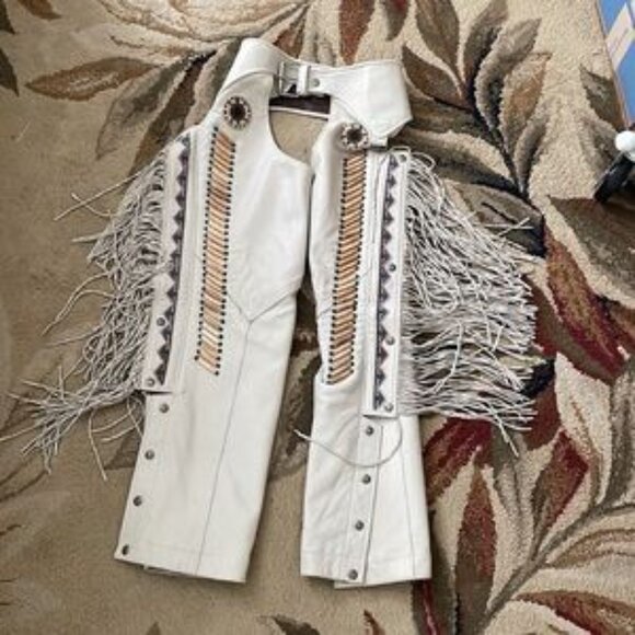 Real 100% Leather Tribe fringe pants festival motorcycle Native American chaps - Picture 16 of 16